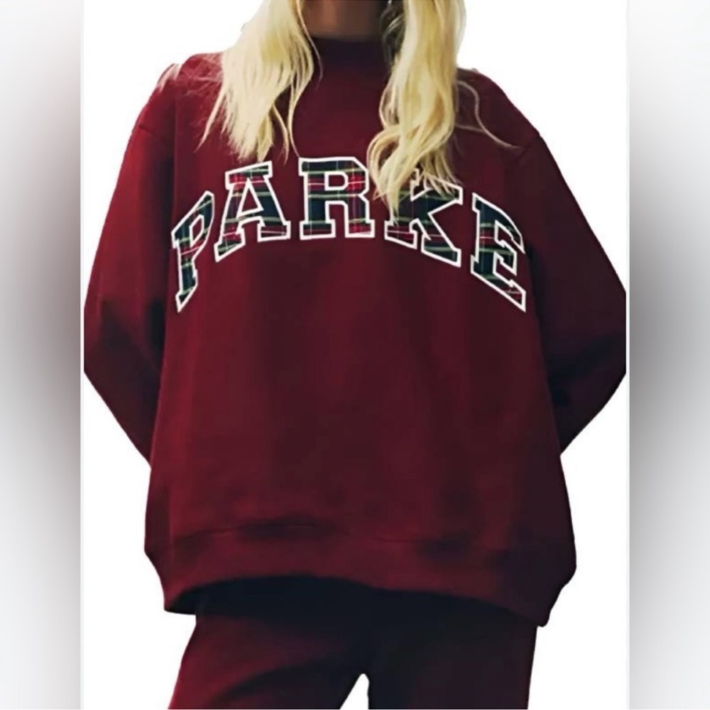 PARKE Holiday Plaid Mockneck Sweatshirt in Maroon Burgundy Red New